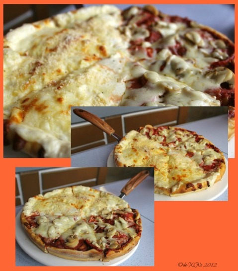 Zio's half quattro formaggi, half pepperoni and mushroom pizza