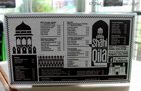 Baguio Shahi Qila House of Kebab and Biryani Pakistani Restaurant menu 2017